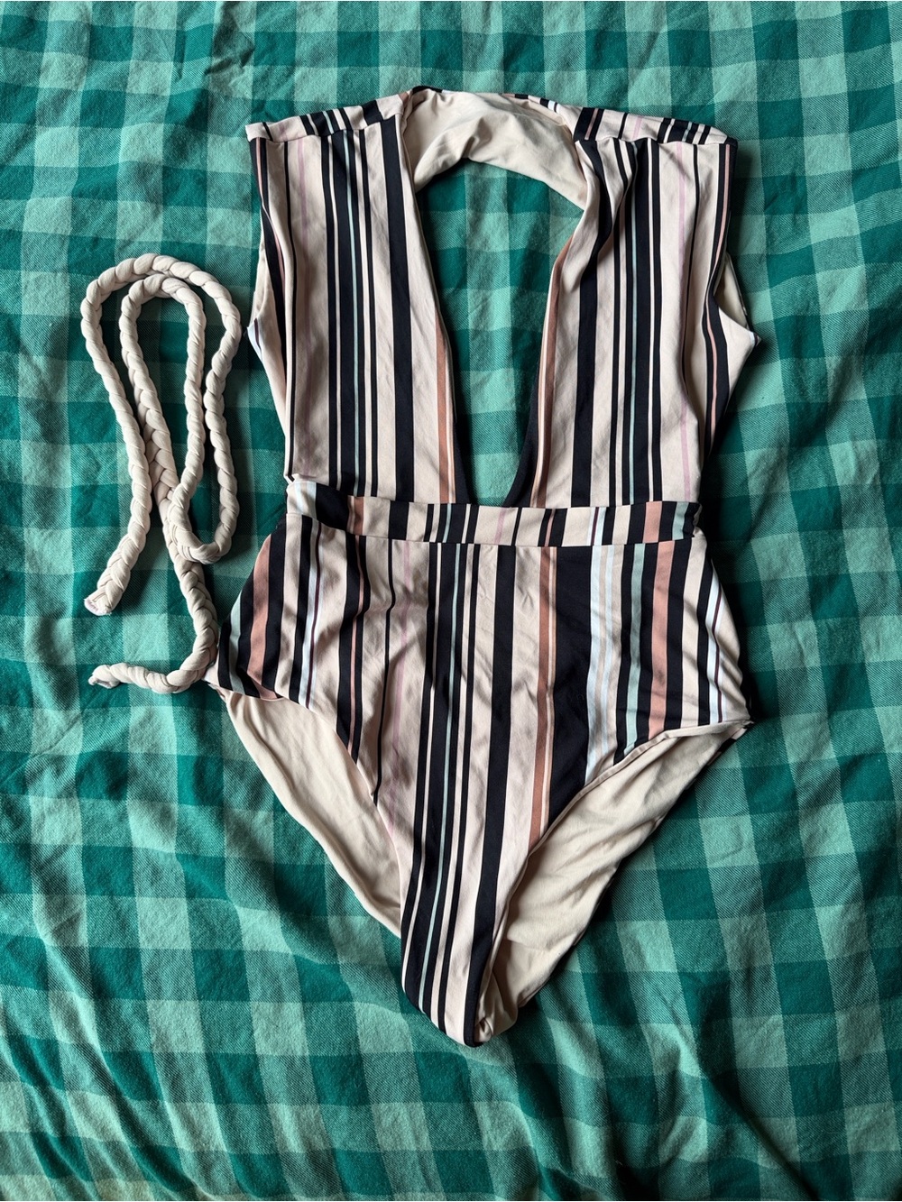 Revel Rey Braided-Belt One-Piece Deep Plunge Swimsuit